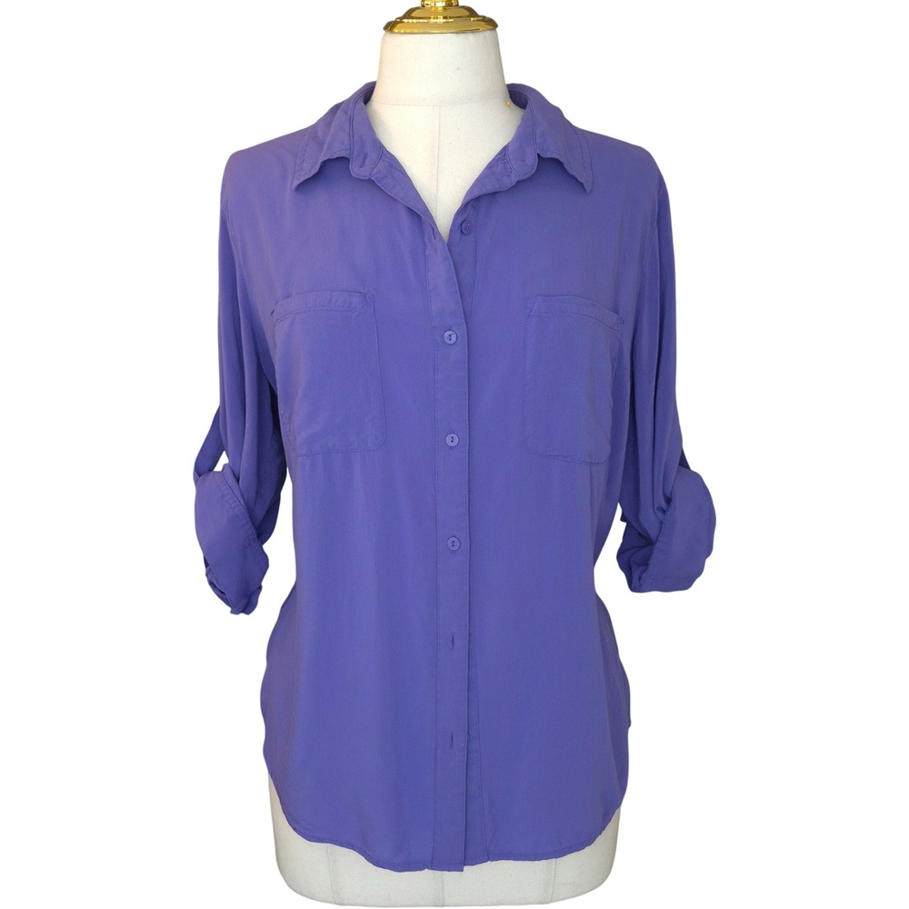 a.n.a Button Down Shirt Women XL Purple Roll Tab Sleeve Chest Pockets Rayon